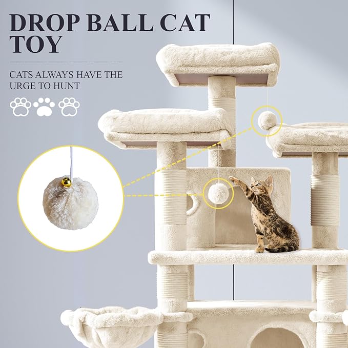 Allewie 68 Inches Cat Tree/House and Towers for Big Feline/Scratching Post/Multi-Level Large Kitty Climbing Tree with Condo/Beige-PawvioPets
