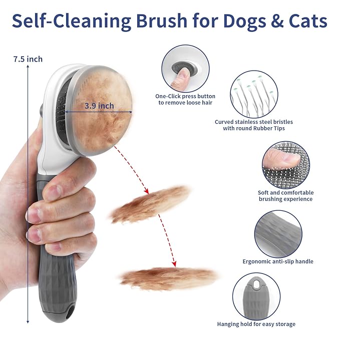 5 in 1 Dog Grooming Kit - Self-Cleaning Slicker Brush for Shedding Short Long Haired Dogs & Cats, Includes Pet Comb, Flea Comb, Bath Brush, Undercoat Rake - Complete Fur Care Set - Gray-PawvioPets