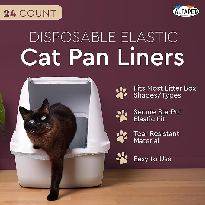 Alfapet Cat Litter box liner Disposable, Elastic Liners- 24-count-For Medium and Large, Size Litter Pans- With Sta-Put Technology for Firm, Easy Fit- Quick + Clever Waste Cleaners-PawvioPets
