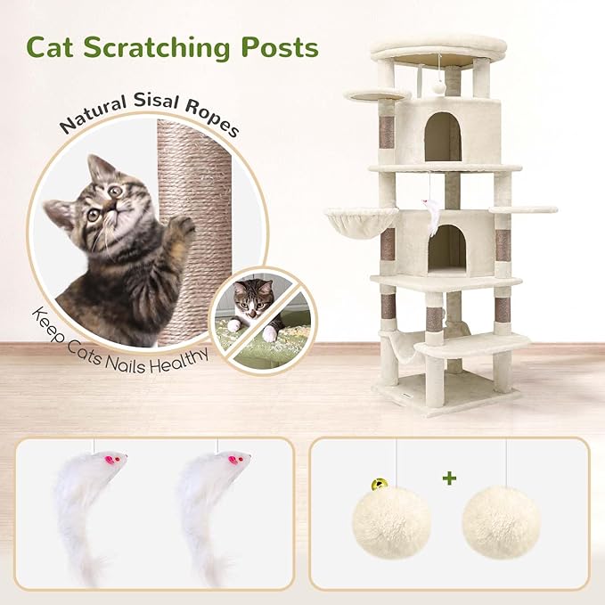 Globlazer Corner Cat Tree Tower for Large Cat, 66inch Tall Large Cat Tree Condo for Multiple Indoor Cats with 6 Scratching Posts, 2 Spacious Cat Condos, Soft Hammock, Hanging Basket, C66, Light Beige-PawvioPets