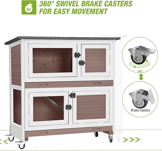 2-Story Rabbit Hutch Indoor Bunny Cage Wooden Guinea Pig House with Chew-Proof Ramp, Leakproof Slide-Out Trays, Lockable Caster Wheels for 1-3 Rabbits (Brown)-PawvioPets