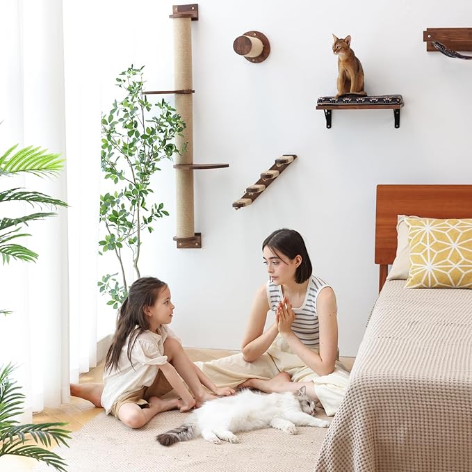 FUKUMARU Cat Wall Furniture, 11.8 Inch Cats Shelves for Drywall, Walnut Wood Kitten Stairs for Wall Mounted with Jute Scratching Kittens Steps, 2 of Pack-PawvioPets