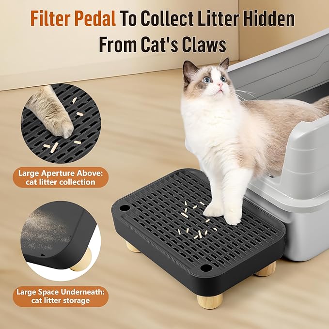 Cat Litter Box Step Ramp, Cat Litter Catcher Mat with Wooden Feet, Filter Function, Cat Pedal Stool for Self-Cleaning Cat Litter Box, Ideal for Kitten & Elderly Cats (Black)-PawvioPets
