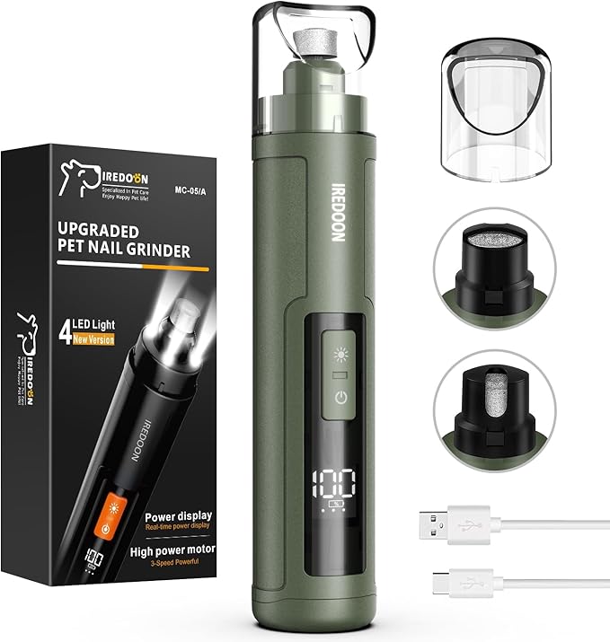 Dog Nail Grinder Upgraded - Professional 3-Speed Super Quiet and Low Vibration Electric Pet Nail Grinder with 4 LED Lights - Painless Paws Grooming & Smoothing for Small to Large Dogs (Green)-PawvioPets