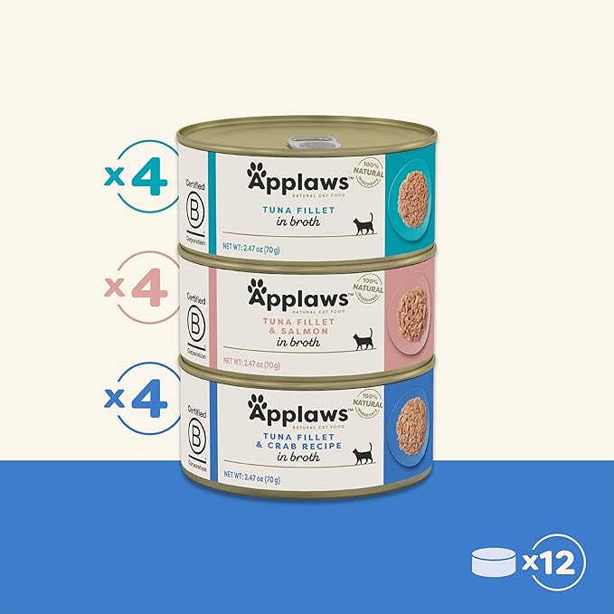 Applaws Natural Wet Canned Cat Food, Made with Limited and Natural Ingredients, Real Protein with No Artificial Additives, Fish Selection Variety Pack in Broth (12 x 2.47oz Cans)-PawvioPets