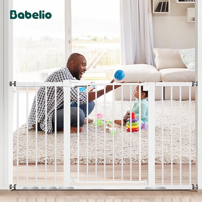BABELIO 36" Tall Baby Gate, 29-55" Auto Close Pressure Mounted Dog Gate for Doorways & Hallway, Pressguard Basics Easy Walk Thru Pet Gate, Extra Wide Metal Child Gate, White-PawvioPets