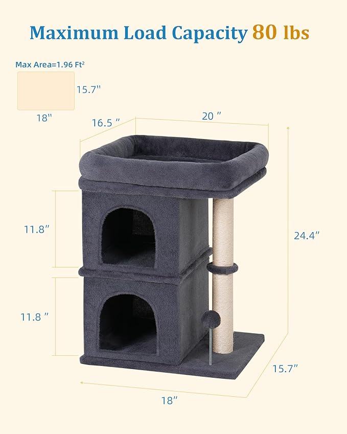 24in Cat Tree Tower with Scratching Post, 19 * 16.5in Window Perch for Large Cats, 2 Cat Condo Cubbies for Indoor Kittens, Dark Gray-PawvioPets