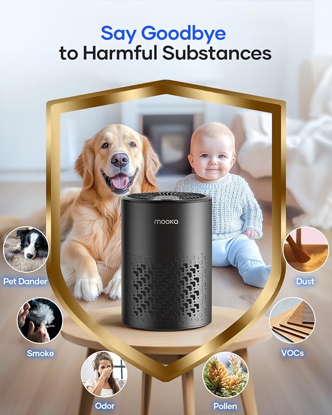 Air Purifiers for Bedroom Home, MOOKA HEPA Air Purifier for Home Pets with Fragrance Sponge for Smoke Dust Pollen Dander Odor, Small Air Purifier with Sleep Mode Night Light Timer, KJ067L, Black-PawvioPets