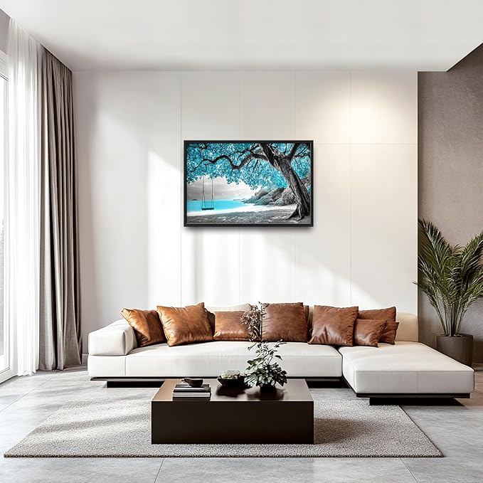 Extra Large Framed Abstract Tree Wall Art,Black and White Tree of Life Wall Decor,Blue Teal Sea Pictures for Living Room,Canvas Print Painting Modern Artwork Bedroom Office Bathroom 36L x 24W-PawvioPets