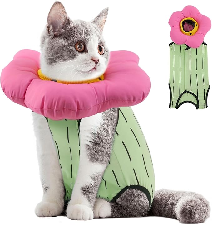 EMUST Cute Cat Recovery Suit and Adjustable Flower Cone Collar Set - Soft Surgical Suit for Abdominal Wounds, Cat Cones After Surgery for Female Kittens Under 4lb (Green)-PawvioPets