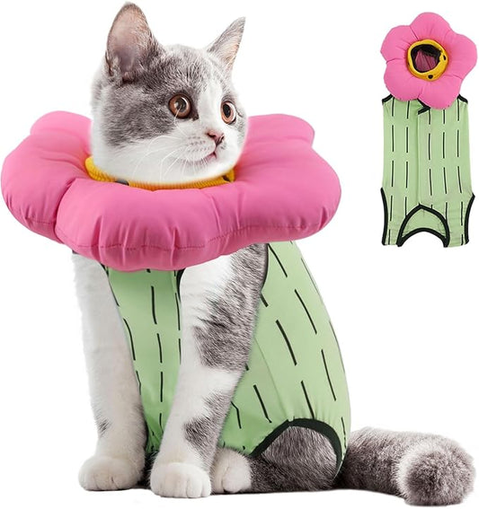 EMUST 2PCS Cat Recovery Suit and Cone Collar - Breathable Spay Suit, Adjustable Soft E Collar Alternative for Cats After Surgery - Green, L (8-16lb)-PawvioPets