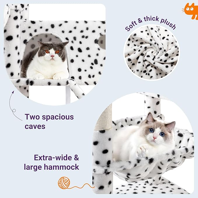 Allewie 81 Inches Tall Cat Tree/Multi-Level Large Climbing Tree House and Towers for Big Feline/Condo and Hammock/Scratching Post/Wide Base/White & Black Spot-PawvioPets