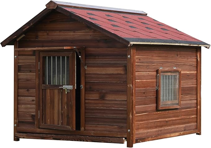 Extra Large Dog House Outdoor Made of Solid Pine Wood, Warm Doghouse, Dog House with Elevated Floor for Medium Dogs, (Wood, L)-PawvioPets