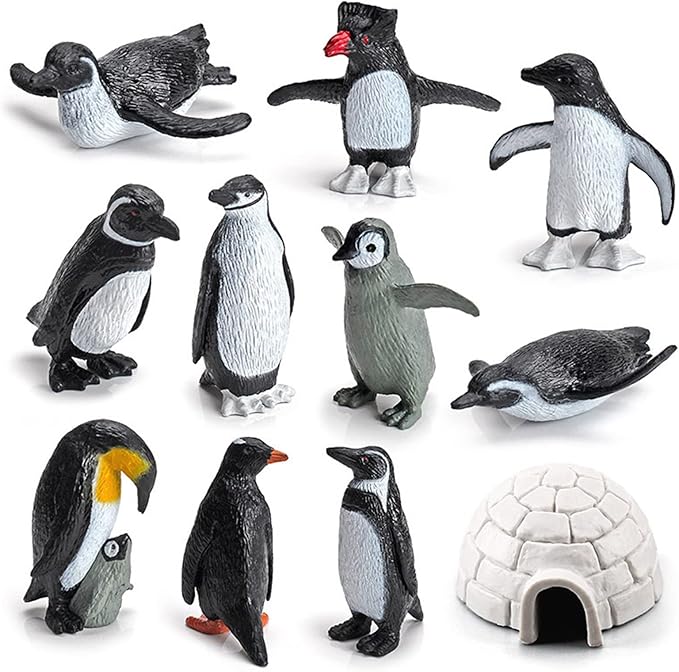 11PCS Penguin Toys, Plastic Arctic Animal Penguin Figures for Kids, Realistic Polar Animals Penguin Figurines Set with Igloo Model, Cake Topper Winter Miniature Toys Decoration-PawvioPets