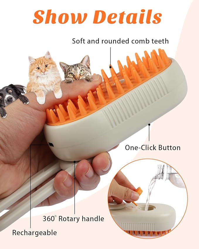 6 in 1 Cat Steam Brush for Shedding, Portable Anti-Static Grooming Comb for Cats & Dogs, Steam Misting Water Brush, Self-Cleaning Pet Hair Remover, Indoor Cat Spray Brushes for Cats & Dogs-PawvioPets