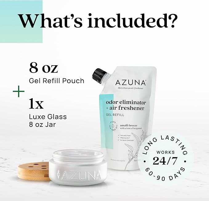 Azuna Air Freshener & Odor Eliminator for Strong Odor | 1 Room Kit Includes (1) Empty Luxe Glass Jar & 8oz Refill with Tea Tree Essential Oil Gel | Amalfi Breeze | Last 60-90 Days-PawvioPets