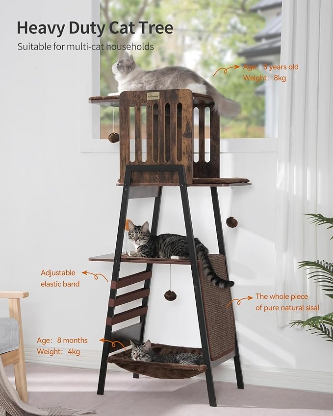 FourFurPets Modern Cat Tree, 58-Inch Cat Tower for Large Cats, Maine Coon Cat Tree with Scratching Board, Large Perch, Hammock and Removable Pads, Rustic Brown-PawvioPets