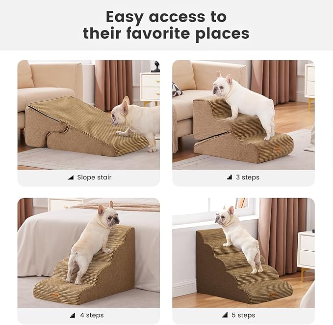Gardner Pet Dog Stairs for Small Dogs 22.8" H, 5-Step Brown Curved Pet Stairs, Dog Steps for High Bed, Couch (24-30 in) with Durable Non-Slip Waterproof Fabric Cover and CertiPUR-US Certified Foam-PawvioPets