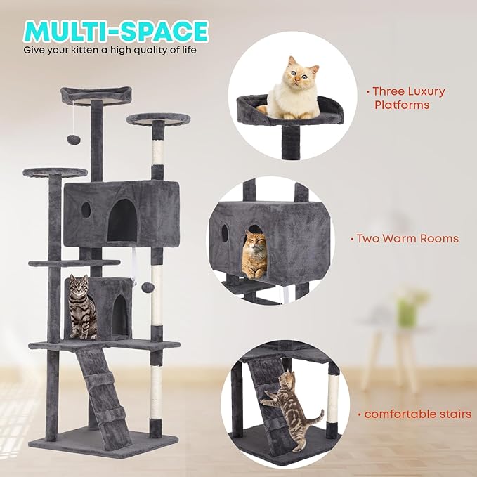 FDW Cat Tree 70in Cat Tower Multi-Level Durable Cat Scratching Post & Cozy Fun Cat Jumping Platform Space Saving Cat Condo Pet Play House for Indoor Cats,Light Gray-PawvioPets