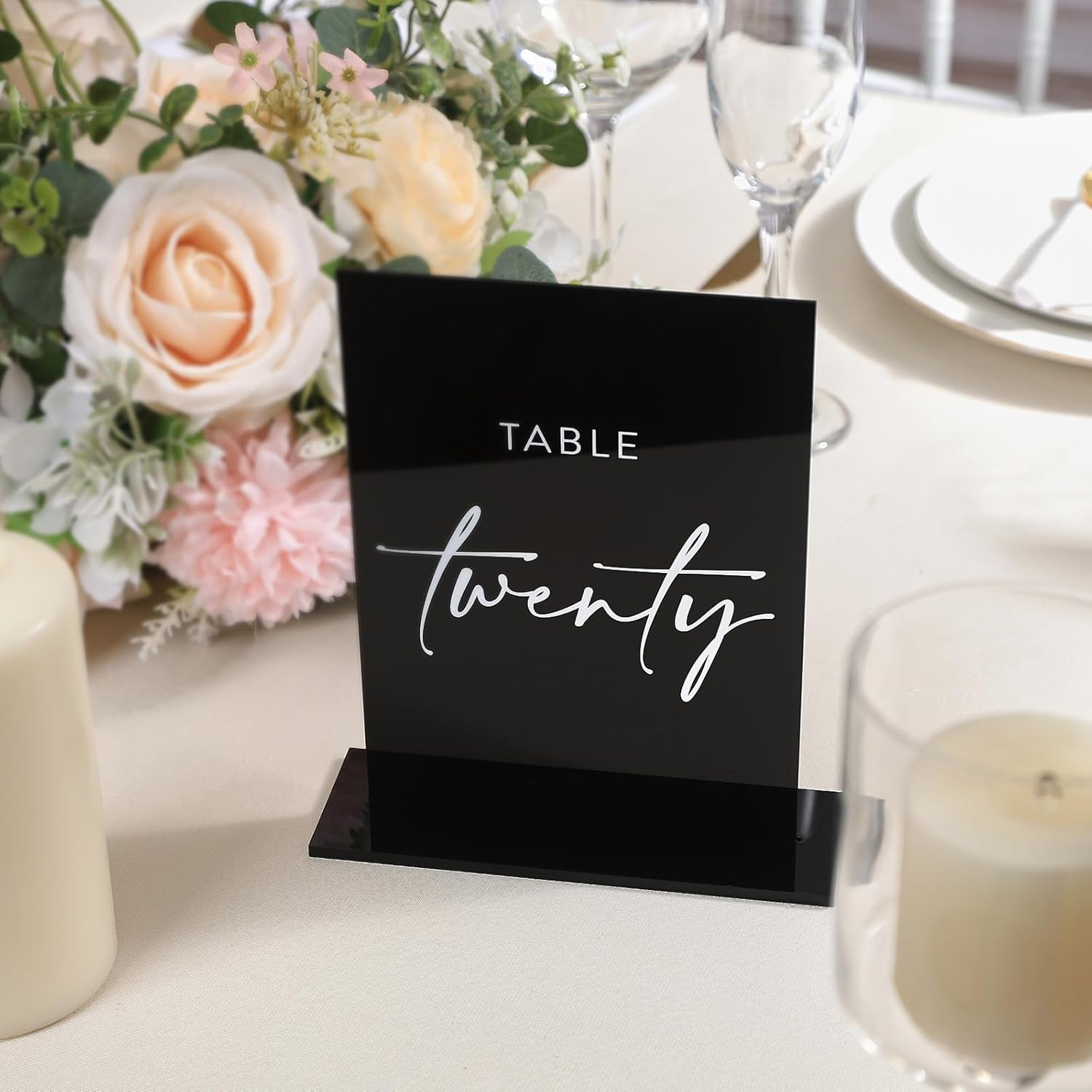 UNIQOOO Black Wedding Double Sided Table Numbers with Stands 1-20 set, 5x7'' Acrylic Signs with Holders and Printed Calligraphy, Seat Display Wedding Decor Perfect for Centerpiece, Reception