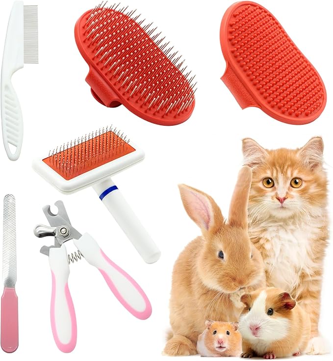Cat Grooming Kit Set with Pet Shedding Slicker Brush Nail Clipper Trimmer Pet Massage Bath Glove Flea Comb for Bunny Puppy Kitten Guinea Pig Chinchilla Ferret Small Animals (Red, Pink)-PawvioPets