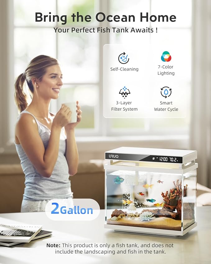 Fish Tank Smart Aquarium Kit: URUQ 2 Gallon Self Cleaning Multi-Layer Filtration System Silent Pump - UHD Glass 7-Color Lighting Temperature Monitoring - Fragrance Diffuser Humidifier White-PawvioPets