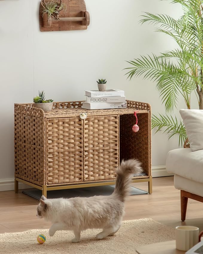 Cat Litter Box Enclosure Furniture with Divider, Handwoven Rattan Litter Box with Mat, 31.2 x 19.6 x 24.2 Inches, Metal Heightened Feet, Hidden Cat House for Living Room, Bedroom (Natural)-PawvioPets