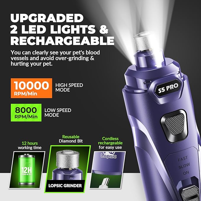 Dog Nail Grinder with 2 LED Lights Powerful 2 Speeds Super Quiet Dog Nail Trimmers with 3 Grinding Wheels Rechargeable Pet Dog Nail Clippers for Large Medium Puppy Dogs Dog Nail File Cat Nail Clipper-PawvioPets