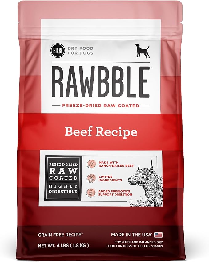 BIXBI Rawbble Dry Dog Food, Beef, 4 lbs - USA Made with No Meat Meals or Fillers - Freeze Dried Raw Coated Dog Food - Industry Leading Digestibility-PawvioPets