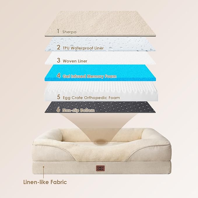 EHEYCIGA Memory Foam XL Dog Bed for XLarge Sized, Extra Large Orthopedic Dog Sofa with Sides and Waterproof Liner, Washable Bolster Pet Couch with Removable Cover, 48x35x7.5 Inch, Beige-PawvioPets