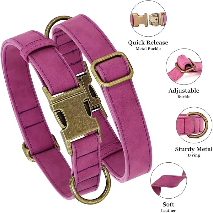Didog Soft PU Leather Dog Collar, Stylish Quick Released Dog Collars for Medium Dogs, Easy Clean Adjustable Pet Collar for Daily Walking, Purple, M Fit 13-21" Neck-PawvioPets