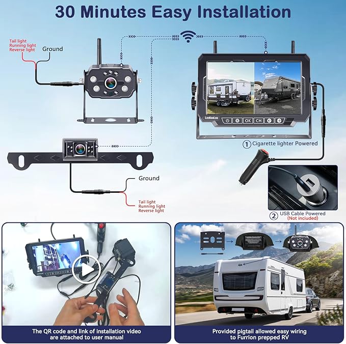 Dual RV Backup Cameras Wireless - Ease Install Plug-Play Recording HD 1080P 7'' Touch Key Monitor Trailer Truck Rear View Cam Night Vision Signal No-Delay 4 Channels for Furrion Pre-Wired Mount-PawvioPets