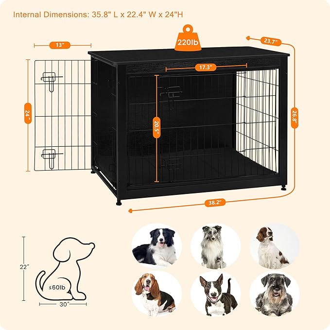 DWANTON Dog Crate Furniture with Cushion, Wooden Kennel Table with Double Doors, Indoor Dog House, Large Size, 38.5" L, Black-PawvioPets