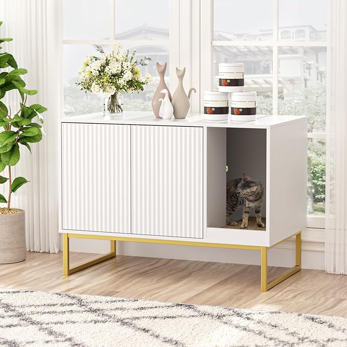 Cat Litter Box Enclosure, Fluted Hidden Litter Box Furniture with Scratch Pad and Metal Legs, Modern Enclosed Cat Cabinet, 31.5 x 17.7 x 21.7 Inches Indoor Pet House for Living Room, Washroom, White-PawvioPets
