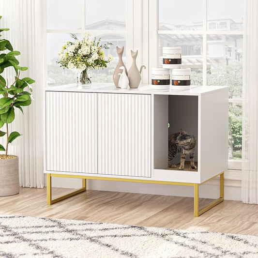 Cat Litter Box Enclosure, Fluted Hidden Litter Box Furniture with Scratch Pad and Metal Legs, Modern Enclosed Cat Cabinet, 31.5 x 17.7 x 21.7 Inches Indoor Pet House for Living Room, Washroom, White-PawvioPets