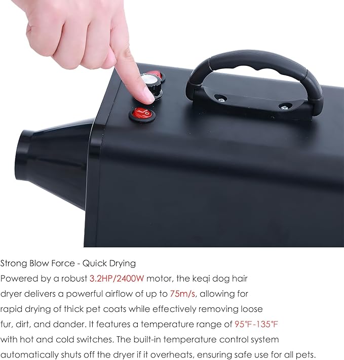 2400w 75m/s Dog Dryer for Pet Grooming, High Velocity Pet Hair Dryer with Heater, Adjustable Speed, 4 Nozzles and a Comb, Black-PawvioPets