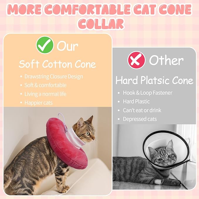 BRKURLEG Cat Cone Collar Soft, Cute Cat Recovery Cones, Soft Protective Pet Neck Cone, Adjustable Kitten Cones to Stop Licking, Pet Anti-Lick Wound Healing Elizabethan Collar, Pink, M-PawvioPets