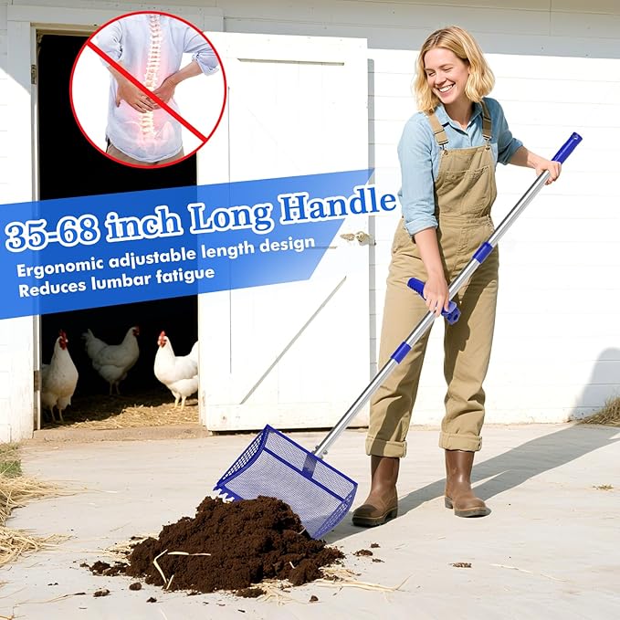 12 Inch Chicken Poop Scooper & Rake 2-in-1, Large Metal Shovel Head, Rubber Handle Stainless Steel Chicken Litter Scoop for Chicken Coops, Litter Screening Scoop (35 to 65in) US Patent Pending (Blue)-PawvioPets