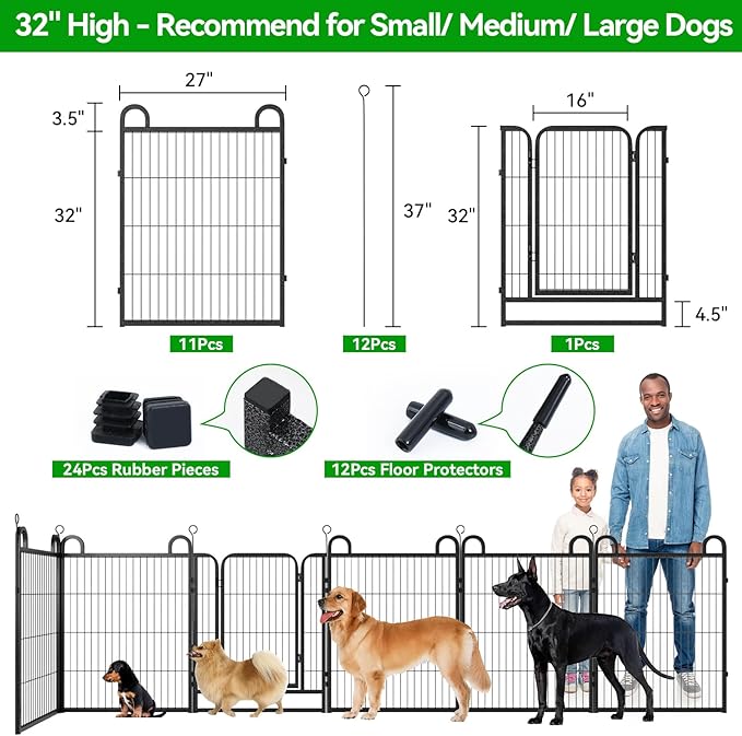 Dog Playpen Outdoor 12 Panels Heavy Duty Dog Fence 32" Height Anti-Rust with Doors Portable for RV Camping Yard, Total 27FT, 58 Sq.ft, Snowy Black-PawvioPets