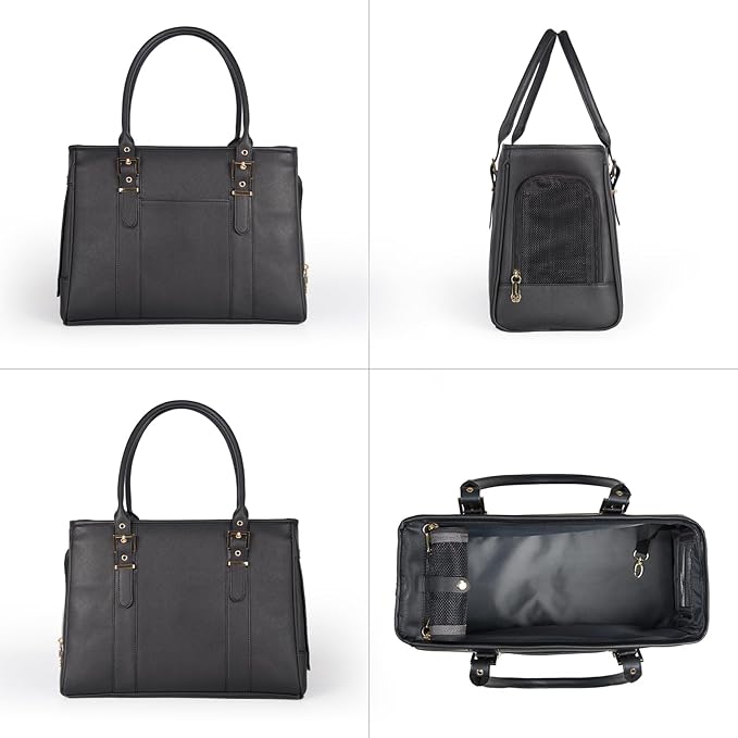 Fashion Pet Carrier Dog Purse Cat Bag Soft-Sided Carriers Travel Airline Approved, Stylish Leather Tote Handbag for Small Animal Puppy Kitten (Black)-PawvioPets