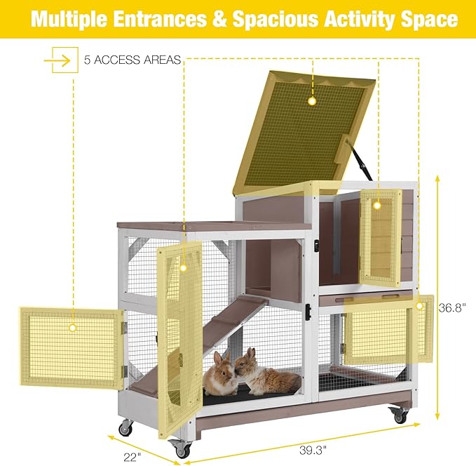 Aivituvin Rabbit Cage Indoor Outdoor Bunny Hutch on Wheels, 2 Story Wood Guinea Pig Cages with 2 Deeper Pull Out Trays-PawvioPets