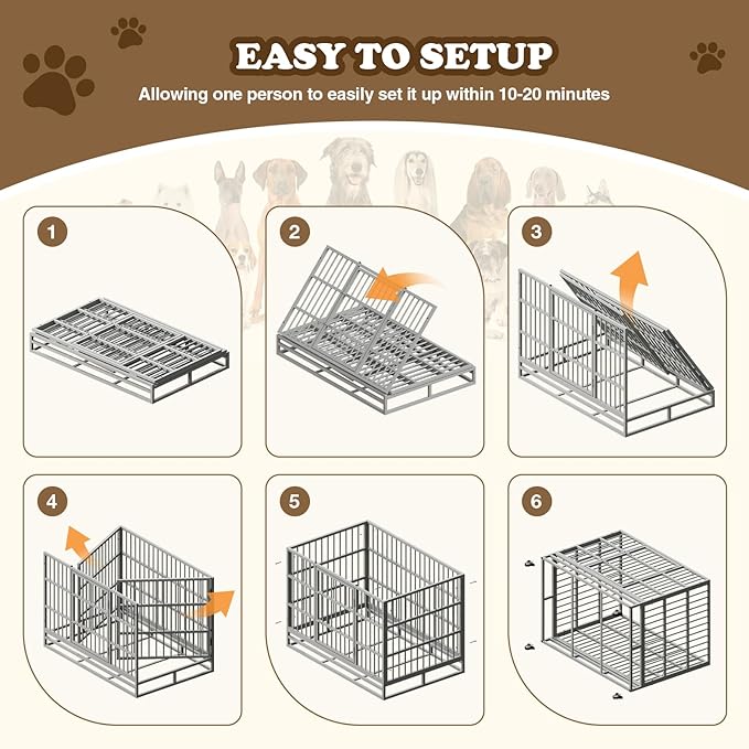 Dog Crate with Removable Tray, 37/42/46 Inch Indestructible and Escape Proof Steel Dog Cage Kennel for High Anxiety Dogs, Heavy Duty Dog Crate with Wheels, Double Door, Extra Large XL XXL-PawvioPets