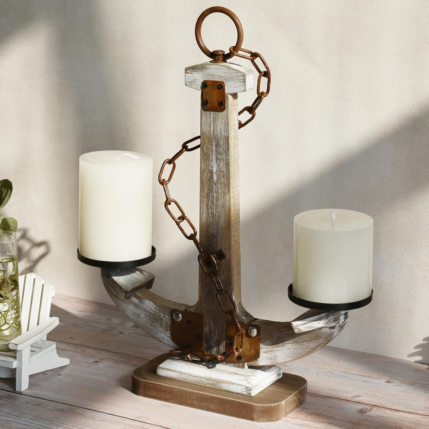 Wooden Anchor Candle Holder Coastal Decor Lake House Decor, Vintage Home Decor Candle Stand Table Centerpiece Candle Holder for 2 Candles, Nautical Decor Beach Decor Large Candles Stand