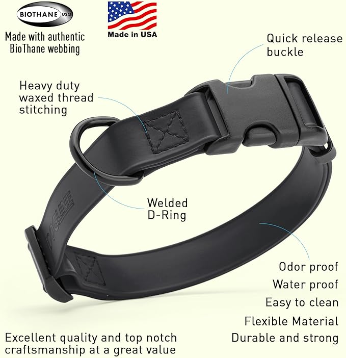 Dogline Biothane Waterproof Dog Collar with Quick Release Buckle Strong Coated Nylon Webbing with Odor- Proof for Easy Care Easy to Clean Fits Small Medium Large Dogs, Black 5/8" W 9-14" L-PawvioPets