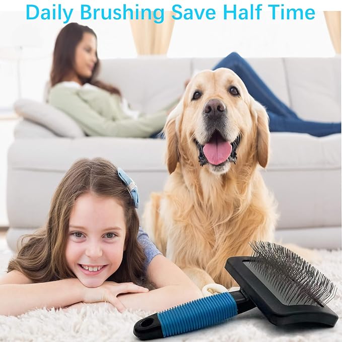 Dog Brush for Long Haired Dogs - Large Firm Slicker Brushes for Poodles, Goldendoodles & Shedding Grooming - Soft Massage Stainless Steel Pins (25mm/1") - Gentle Pet Grooming Wire-PawvioPets