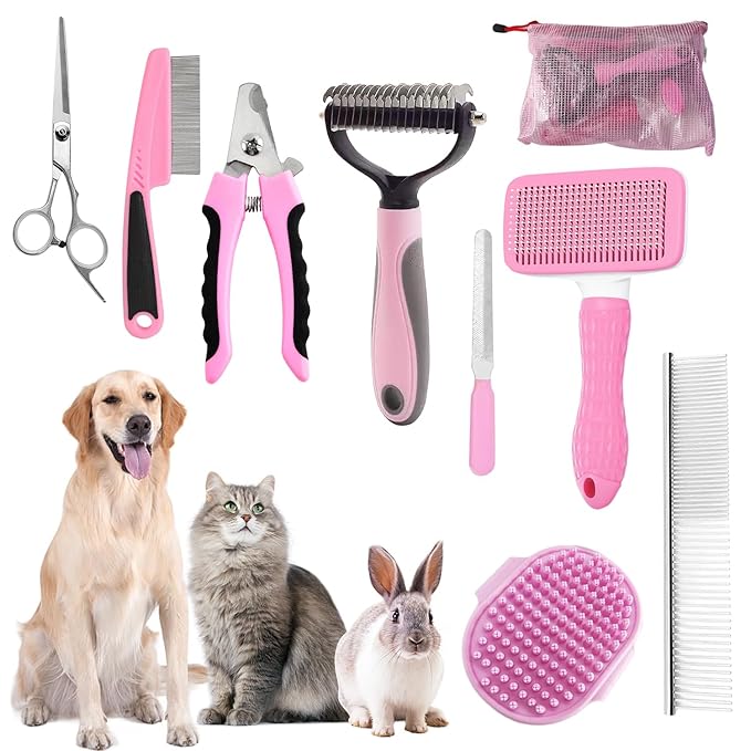 Dog Brush for Shedding,9 PCS in One Pet Slicker Hair Brush Kit with Pet Nail Clipper and File - Dog Cat Grooming Deshedding Undercoat Rake Brush Comb for All Small Large Dogs Cats Pink-PawvioPets
