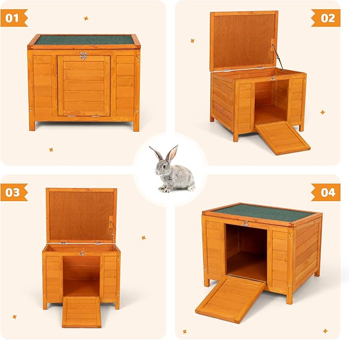 COZIWOW 24inches Wooden Catio Outdoor Cat House Small Animal House，Rabbit Hutch Indoor，Stable Weatherproof Bunny Cage Pet Shelter for Small Cat Dog Rabbit Guinea Pig(Orange)-PawvioPets