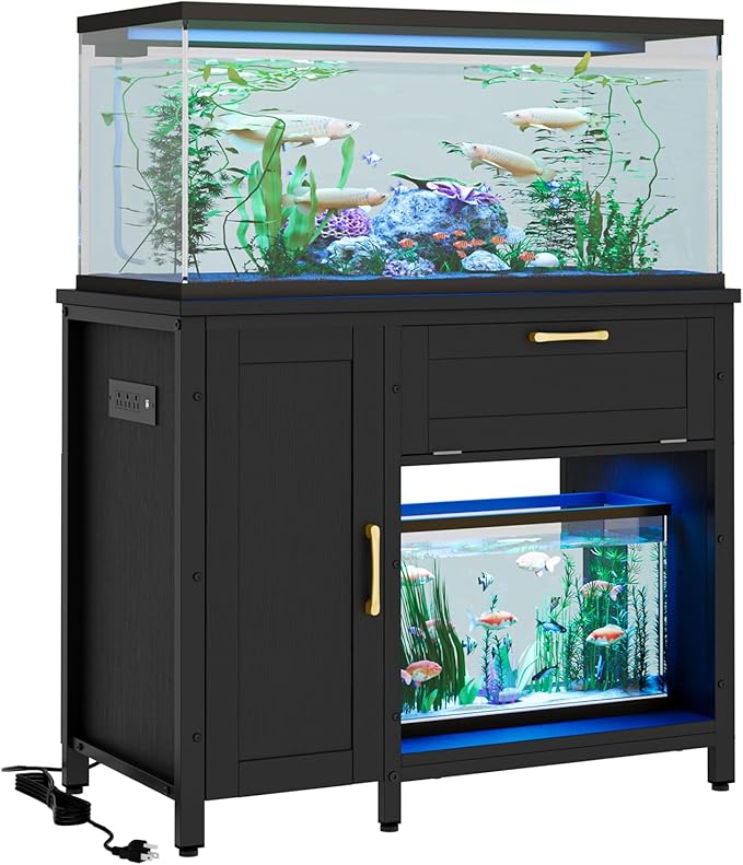 Bestier 40-50 Gallon Fish Tank Stand with Power Outlet&LED Light, 37x18 Heavy-Duty Metal Aquarium Stand with Cabinet&Drawer for Accessories Storage, Suit for Reptile/Turtle Terrarium,660Lbs Capacity-PawvioPets