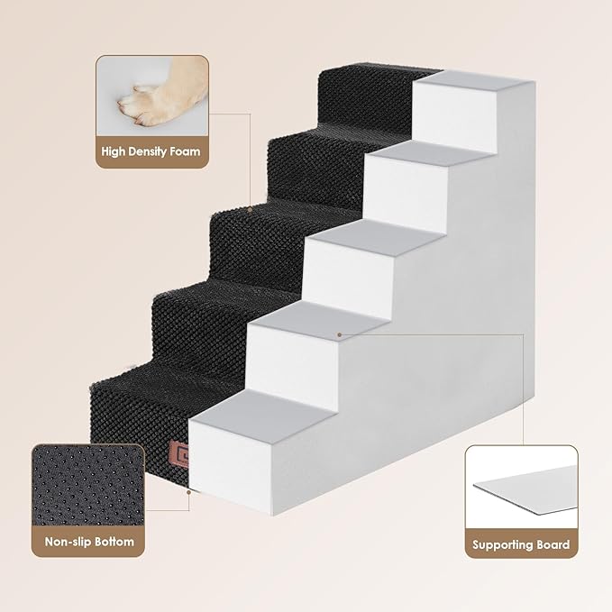 EHEYCIGA Dog Stairs for High Bed 22.5" H, 5-Step Dog Steps for Bed, Pet Steps for Small Dogs and Cats, Non-Slip Balanced Pet Ramp Indoor, Black-PawvioPets