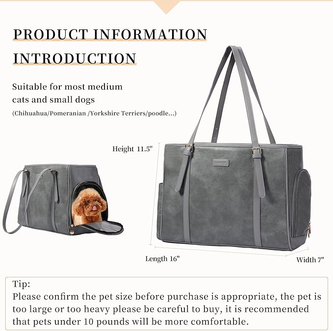 Fashion Dog Purse Pet Carrier Leather Bag for Small Dogs Cats Puppy, Portable Tote Bag Airline Approved Soft-Sided Carriers (Grey)-PawvioPets